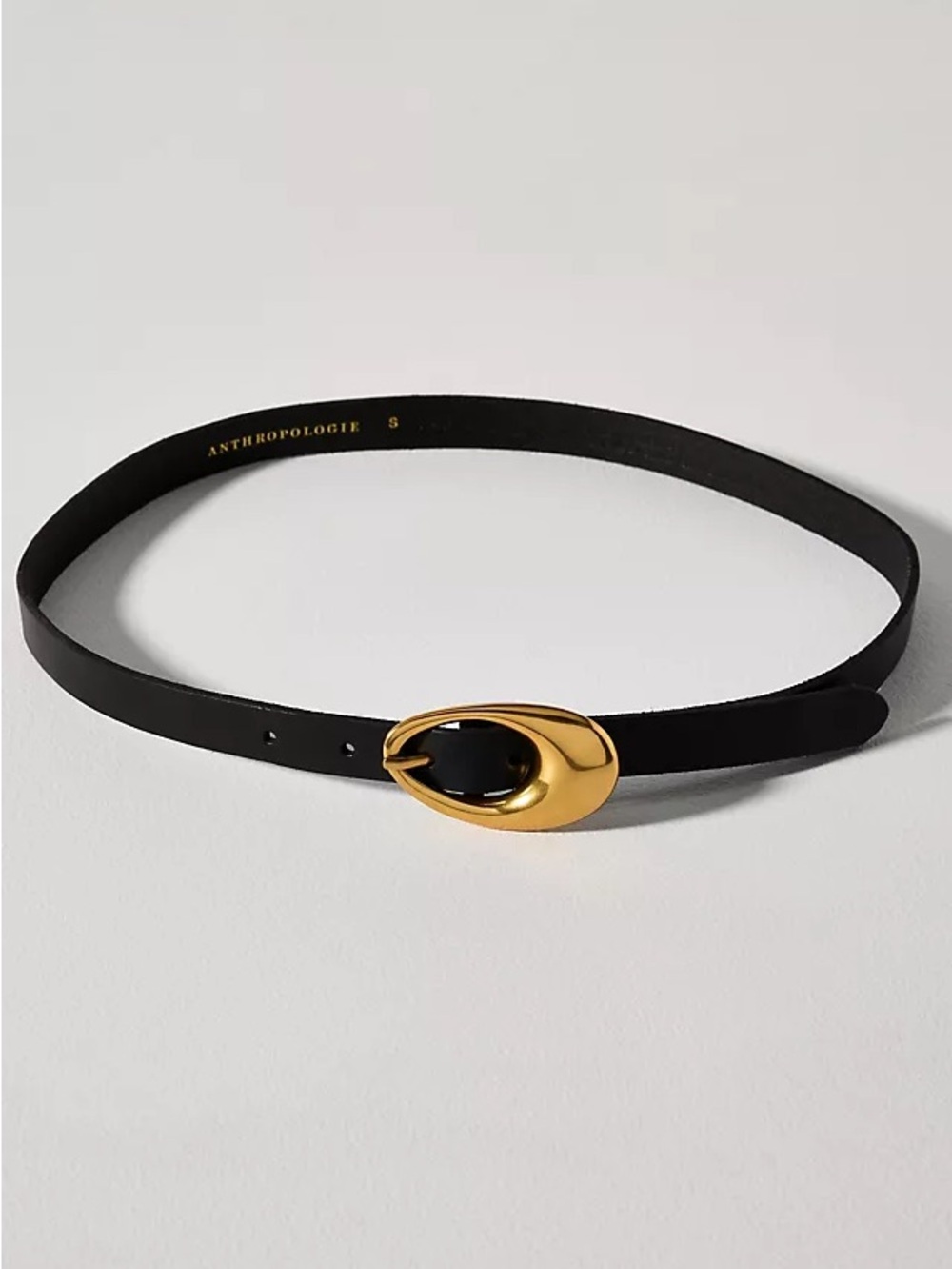 Anthropologie oval gold buckle black leather skinny belt Sz S